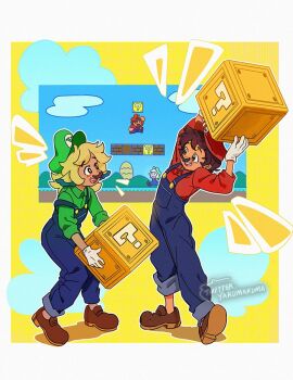2girls ?_block blue_overalls brick_block brown_footwear brown_hair collared_shirt cosplay eyebrow_cut facial_hair fake_facial_hair fake_mustache gloves green_headwear hat kuma20151225 luigi luigi_(cosplay) luz_noceda mario mario_(cosplay) mario_(series) multiple_girls mustache nintendo open_mouth overalls red_headwear scar shirt the_owl_house vee_(the_owl_house) white_gloves