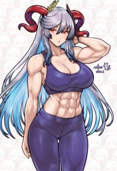 1girl abs artist_logo blue_hair breasts cleavage colored_inner_hair cowboy_shot curled_horns fire_emblem fire_emblem_heroes freyja_(fire_emblem) glowing glowing_eyes gluteal_fold goat_horns grey_hair hair_ornament highres horns large_breasts logo long_hair midriff multicolored_hair muscular muscular_female nintendo pants purple_pants purple_sports_bra red_eyes red_horns rotomdocs sideboob solo sports_bra very_long_hair yoga_pants