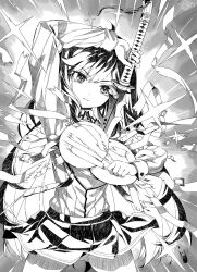 Rule 34 | 1girl, between breasts, breasts, high school dxd, large breasts, long hair, miyama-zero, miyamoto zeka, official art, skirt, sword, torn clothes, weapon