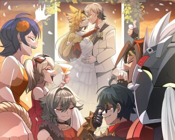 4boys 4girls adjusting_eyewear ahoge alternate_costume animal_ear_fluff animal_ears antenna_hair anton_ivanov belle_(zenless_zone_zero) billy_kid black_gloves black_hair blonde_hair blue_hair blush body_fur boutonniere burnice_white caesar_king_(zenless_zone_zero) cat_ears cat_girl cat_tail closed_eyes clothed_robot clothes_grab cocktail_glass collarbone commentary cup drawligator dress drinking_glass earrings eyewear_on_head falling_petals fingerless_gloves flower formal_clothes from_side furry furry_female furry_with_non-furry gloves green_hair grey_hair grin hair_between_eyes hair_flower hair_ornament highres holding holding_cup holding_tissue humanoid_robot interspecies jewelry lighter_(zenless_zone_zero) multicolored_fur multicolored_hair multiple_boys multiple_girls necktie necktie_grab neckwear_grab open_mouth orange_dress parted_lips petals pulchra_fellini red-tinted_eyewear red_dress red_necktie red_scarf red_streaks robot robot_boy rose scarf sharp_teeth smile strapless strapless_dress streaked_hair suit sunglasses symbol-only_commentary tail tears teeth thumbs_up tinted_eyewear wedding wedding_dress white_dress white_flower white_hair white_rose white_suit wiping_tears wise_(zenless_zone_zero) yellow_fur zenless_zone_zero