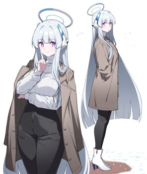 1girl absurdres alternate_costume arm_under_breasts black_pants blue_archive blunt_bangs blunt_ends breasts brown_coat coat coat_on_shoulders finger_to_cheek grey_hair halo hand_in_pocket headgear high-waist_pants high_heels highres large_breasts long_hair long_sleeves looking_at_viewer looking_to_the_side multiple_views noa_(blue_archive) pants purple_eyes reia_76 ribbed_sweater shoes smile straight_hair sweater very_long_hair white_shoes white_sweater