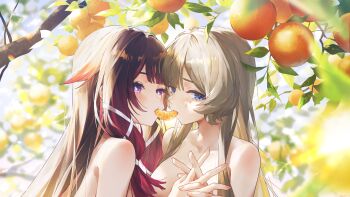 2girls absurdres alternate_hairstyle bare_shoulders black_hair blue_eyes brown_hair collarbone columbina_(genshin_impact) commentary_request duplicate food fruit genshin_impact hair_ribbon highres interlocked_fingers long_hair multiple_girls nude orange_(fruit) orange_slice orange_tree outdoors pink_hair purple_eyes ribbon sandrone_(genshin_impact) swkl:d upper_body white_ribbon yuri