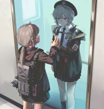 1girl backpack bag beret black_hat black_necktie black_skirt black_socks brown_hair brown_jacket cheyanne_(girls&#039;_frontline_2) chinese_commentary closed_mouth collared_shirt commentary_request different_reflection dual_persona ear_protection girls&#039;_frontline girls&#039;_frontline_2:_exilium hat highres jacket looking_at_reflection m200_(girls&#039;_frontline) mirror necktie pleated_skirt purple_eyes reflection shirt single_sock skirt smile socks solantuber two-tone_necktie white_shirt