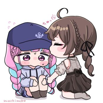 Rule 34 | 2girls, ahoge, anchor symbol, baseball cap, blue hair, blue hat, blue skirt, braid, brown hair, brown skirt, brown socks, chibi, collared shirt, commentary request, drawstring, drill hair, flying sweatdrops, grey hoodie, grey shirt, grey socks, hat, hololive, hood, hood down, hoodie, kiss, kneeling, knees up, long sleeves, low twintails, minato aqua, mochimiko, multicolored hair, multiple girls, natsuiro matsuri, natsuiro matsuri (casual), pink hair, plaid clothes, plaid shirt, pleated skirt, puffy long sleeves, puffy short sleeves, puffy sleeves, purple eyes, shadow, shirt, short sleeves, signature, simple background, sitting, skirt, socks, translation request, twin braids, twin drills, twintails, two-tone hair, virtual youtuber, white background, yurie mouth