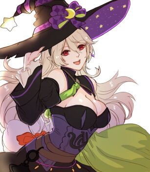 1girl bare_shoulders black_dress breasts cleavage corset detached_sleeves dress earrings female_corrin_(fire_emblem) female_corrin_(halloween)_(fire_emblem) fire_emblem fire_emblem_fates fire_emblem_heroes grey_hair halloween halloween_costume hat hat_ornament highres jewelry large_breasts long_hair looking_at_viewer nintendo off-shoulder_dress off_shoulder official_alternate_costume open_mouth pointy_ears purple_corset red_eyes sierra117renner simple_background smile solo star_(symbol) upper_body white_background witch witch_hat