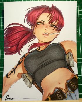 1girl arm_tattoo art_tools_in_frame artist_name bare_shoulders belt beretta_92 black_belt black_lagoon black_tank_top blue_shorts breasts chest_harness cigarette commentary commission crop_top denim denim_shorts dutch_angle english_commentary eyelashes floating_hair from_below gun handgun harness head_tilt highres holster lips long_hair looking_at_viewer looking_down marker_(medium) medium_breasts midriff mouth_hold narrowed_eyes navel omar_dogan open_fly panties panty_peek parted_bangs photo_(medium) ponytail red_hair revy_(black_lagoon) shirt shorts shoulder_holster shoulder_tattoo sidelocks signature simple_background smoking solo tank_top tattoo taut_clothes taut_shirt traditional_media tribal_tattoo underwear upper_body weapon white_background white_panties wind yellow_eyes