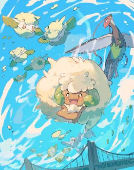 bird blue_sky bridge brown_eyes brown_fur cottonee day flying gen_5_pokemon highres looking_at_viewer moufuillust nintendo no_humans open_mouth outdoors pidove pokemon pokemon_(creature) sky unfezant unfezant_(male) whimsicott white_fur