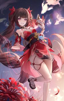 1girl bare_legs bare_shoulders bell black_choker black_gloves black_sash breasts brown_hair chest_tattoo choker commentary detached_sleeves dress facial_mark fingernails flower flower_tattoo foot_out_of_frame fox_mask gloves hair_intakes highres holding holding_mask honkai:_star_rail honkai_(series) jingle_bell long_hair mask nail_polish neck_bell obi petals pink_eyes puppet_strings red_dress red_flower red_nails rity sandals sash short_sleeves single_glove small_breasts smile solo sparkle_(honkai:_star_rail) spider_lily standing standing_on_one_leg tattoo thigh_strap thighs toenail_polish toenails twintails very_long_hair zouri