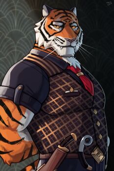 1boy 7th_art_forge animal_ears arms_behind_back bara belt fangs fortnite furry furry_male highres knife large_pectorals looking_at_viewer male_focus mature_male muscular muscular_male necktie orange_fur oscar_(fortnite) pants pectorals red_necktie shirt solo tail thick_eyebrows tiger_boy tiger_ears tiger_stripes tiger_tail upper_body vest weapon whiskers white_fur wrench