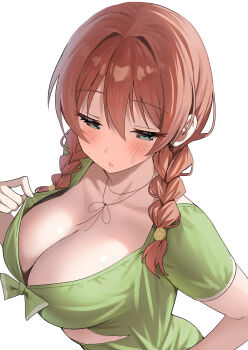 1girl absurdres blush braid breasts brown_hair cleavage emma_verde freckles green_eyes green_shirt highres large_breasts long_hair love_live! love_live!_nijigasaki_high_school_idol_club low_twin_braids shirt simple_background solo twin_braids white_background yuu_(shampoohatslime)