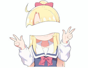 1girl ahoge blank_censor blonde_hair blue_dress bow censored closed_mouth commentary covered_eyes cropped_torso double_w dress english_commentary facing_viewer hair_bow hands_up highres himesaka_noa loli long_hair penis penis_on_face penis_over_eyes pinafore_dress qkracho_(thesdroz) red_bow sailor_collar sailor_dress school_uniform shirt simple_background sleeveless sleeveless_dress upper_body w watashi_ni_tenshi_ga_maiorita! white_background white_sailor_collar white_shirt