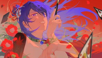 1boy absurdres adam's_apple black_nails blue_gem blurry blurry_foreground bracelet camellia card choker double-parted_bangs dreonya ensemble_stars! eyeliner falling_petals floating_hair flower from_below gem gradient_background hadanugi_dousa hair_between_eyes hair_bun hair_intakes hair_ornament hair_ribbon half_updo hanafuda highres holding holding_smoking_pipe japanese_clothes jewelry kanzaki_souma kanzashi kimono kimono_on_shoulders leaf leaf_print light_particles long_hair long_sleeves looking_at_viewer makeup male_focus maple_leaf_print multiple_bracelets open_kimono open_mouth petals purple_eyes purple_hair red_background red_eyeliner red_flower red_kimono red_petals red_ribbon ribbon sidelocks single_hair_bun smoking_pipe tassel_necklace wide_sleeves