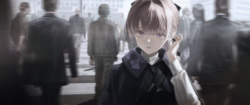 Rule 34 | 1girl, 464celsius, absurdres, backlighting, bag, black coat, brown eyes, brown hair, building, cape, city, cloak, coat, crosswalk, crowd, hand in own hair, hand on own ear, hand on own face, hand up, highres, lapwing (vrchat), looking at viewer, multiple boys, open mouth, outdoors, ponytail, road, shirt, short hair, shoulder bag, solo, standing, street, sunlight, upper body, vrchat, vrchat (medium), walking, white shirt