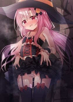 1girl absurdres artina_fialard_(yozakura_souki) bare_shoulders black_hat black_thighhighs blush bow bow_legwear breath brick_wall cameltoe collarbone controller corset cowboy_shot crying dress drooling female_focus flat_chest food-themed_hair_ornament frilled_dress frilled_wristband frills garter_straps hair_ornament hair_tie half-closed_eyes hat highres loli long_hair looking_at_viewer nose_blush open_mouth original panties pantyshot pink_hair pumpkin_hair_ornament pussy_juice raised_eyebrows red_bow red_eyes remote_control remote_control_vibrator saliva sex_toy short_dress sidelocks sleeveless sleeveless_dress solo spaghetti_strap standing steam steaming_body sweat tears thighhighs twintails underwear upskirt vibrator vibrator_cord vibrator_under_clothes vibrator_under_panties wet wet_clothes wet_panties white_panties witch_hat yozakura_souki