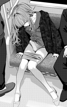 1boy absurdres bulge commentary_request crossdressing crossdressing_(mtf) erection erection_under_clothes frilled_shirt frills fur_jacket greyscale highres jacket long_hair male_focus monochrome open_clothes open_jacket original panties polka_dot polka_dot_panties shirt sitting skirt sleeping subway trap turisasu underwear