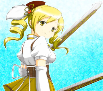1girl abstract_background anime_coloring back_ribbon blonde_hair bloom blue_background breasts brown_corset brown_hat closed_mouth collared_shirt commentary_request corset cowboy_shot detached_sleeves drill_hair dual_wielding gradient_background gun hat head_tilt holding magical_girl magical_musket mahou_shoujo_madoka_magica mahou_shoujo_madoka_magica_(anime) medium_breasts miniskirt mt8800end official_style parted_bangs pleated_skirt plume ribbon shirt shirt_tucked_in skirt sleeve_cuffs smile solo tilted_headwear tomoe_mami tomoe_mami_(magical_girl) twin_drills underbust weapon white_ribbon white_sleeves yellow_eyes yellow_skirt