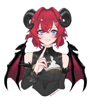 Rule 34 | 1girl, ange katrina, ascot, bare shoulders, black ascot, black corset, black horns, black shirt, black sleeves, blue eyes, blush, commentary, corset, cropped torso, crossed bangs, curled horns, demon girl, demon wings, detached sleeves, double bun, gradient eyes, grin, hair between eyes, hair bun, hair intakes, hair ornament, hand up, heart, heart hair ornament, highres, horn ornament, horns, index finger raised, long fingers, long sleeves, looking at viewer, multicolored eyes, nail polish, nijisanji, official alternate costume, purple eyes, red hair, red nails, red wings, shirt, simple background, sleeveless, sleeveless shirt, smile, solo, twitter username, untranslatable commentary, virtual youtuber, wakaba aoba, white background, wings