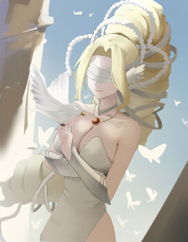 1girl absurdres bare_shoulders bird bird_on_hand blindfold blonde_hair breasts chinese_commentary cleavage closed_mouth collarbone commentary covered_eyes cowboy_shot crossed_arms digimon digimon_(creature) dove dress drill_hair floating_hair highres large_breasts long_hair mianbaoren olive_(digimon) parted_bangs smile standing strapless strapless_dress vambraces venusmon very_long_hair white_dress wing_ears