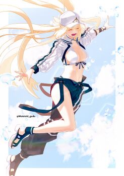 1girl artoria_caster_(fate) artoria_caster_(swimsuit)_(fate) artoria_caster_(swimsuit)_(first_ascension)_(fate) artoria_caster_(swimsuit_berserker)_(first_ascension)_(fate) artoria_pendragon_(fate) bare_legs bikini black_pants blonde_hair blue_sky bracelet closed_mouth cloud cloudy_sky fate/grand_order fate_(series) highres jacket jewelry long_hair mikotoba-kaede ornament pants ribbon sky smile swimsuit teeth twintails water white_bikini white_headwear white_jacket