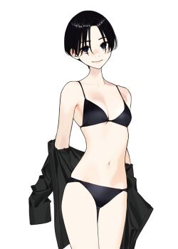 1girl aqua_bikini arm_behind_back bare_arms bare_legs bare_shoulders barefoot bikini black_bikini black_eyes black_hair bow breasts closed_mouth hair_between_eyes hair_bow heel_up imasara_desu_ga_osananajimi_wo_suki_ni_natte_shimaimashita long_hair looking_at_viewer matsushita_ayami medium_breasts multiple_girls navel official_art side-tie_bikini_bottom simple_background small_breasts smile standing strapless strapless_bikini swimsuit tan tanline white_background yomu_(sgt_epper)