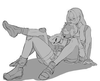 2girls absurdres ammunition_pouch behind_another blindfold_mask closed_mouth commentary covered_eyes crossed_legs earrings english_commentary full_body glasses greyscale hair_ornament highres jewelry long_hair looking_at_another mask monochrome multiple_girls parted_lips pouch shadow simple_background sitting sketch triangle_hair_ornament trigger_(zenless_zone_zero) tsukishiro_yanagi white_background yuri zanqi zenless_zone_zero