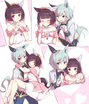 Rule 34 | 2girls, absurdres, animal ears, bare shoulders, blue eyes, blue pants, blush, bow, bowtie, breasts, bridal veil, brown hair, carrying, closed eyes, closed mouth, collarbone, collared shirt, commentary request, dress, ear covers, flower on chest, gloves, grey hair, highres, horse ears, horse girl, horse tail, jacket, jewelry, kanzakietc, long sleeves, looking at viewer, multiple girls, multiple views, necklace, nishino flower (sweet juneberry) (umamusume), nishino flower (umamusume), off-shoulder dress, off shoulder, official alternate costume, open clothes, open jacket, open mouth, pants, princess carry, purple eyes, seiun sky (soiree de chaton) (umamusume), seiun sky (umamusume), shirt, short hair, single ear cover, small breasts, smile, tail, umamusume, v, veil, wedding dress, white dress, white gloves, white jacket, white shirt, yuri