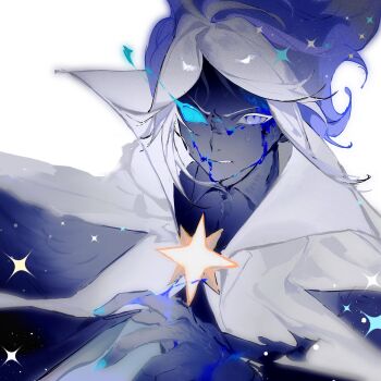 1boy angry antenna_hair aqua_nails aqua_sclera black_cloak black_shirt black_skin blood blood_on_face blood_on_hands blue_blood blue_eyes blue_hair brooch clenched_teeth cloak collared_cloak collared_shirt colored_eyelashes colored_sclera colored_skin cookie_run cookie_run:_kingdom film_grain from_above hand_up heterochromia highres humanization jewelry looking_at_viewer male_focus mismatched_eyelashes multicolored_hair nail_polish parted_bangs senlly_2507 shirt short_hair sidelocks simple_background solo sparkle star_brooch stardust_cookie sweatdrop teeth two-tone_hair upper_body v-shaped_eyebrows white_background white_hair