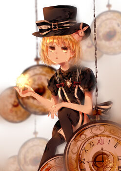 Rule 34 | 1girl, absurdres, arm on knee, back bow, bare arms, black bow, black hat, black shirt, black skirt, black thighhighs, blonde hair, bob cut, bow, chinese commentary, commentary request, crying, crying with eyes open, dated, dot nose, eyelashes, feet out of frame, floral print, frown, gold buckle, gradient background, grey background, hair ornament, hat, hat bow, hexagram, highres, holding, holding star, magician, miniskirt, muriel miaoke, nikki (series), open mouth, pocket watch, print shirt, puffy short sleeves, puffy sleeves, rabbit brooch, rabbit hair ornament, red bow, ribbed thighhighs, sad, shining nikki, shirt, short hair, short sleeves, signature, skirt, solo, soul magic (shining nikki), star (symbol), streaming tears, striped bow, suspender skirt, suspenders, tears, thigh strap, thighhighs, top hat, two-tone background, two-tone bow, watch, white background, white bow, yellow eyes