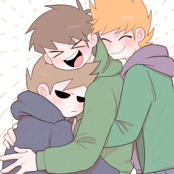 >_< 3boys :d ^_^ annoyed antenna_hair blue_hoodie blush brown_hair closed_eyes commentary_request edd_(eddsworld) eddsworld film_grain frown green_hoodie green_jacket hand_on_another's_back height_difference hollow_eyes hood hood_down hoodie hug jacket jitome long_sleeves male_focus matt_(eddsworld) mau_(edd_tom) multiple_boys open_clothes open_jacket open_mouth orange_hair purple_hoodie short_hair simple_background smile spiked_hair swept_bangs tom_(eddsworld) white_background