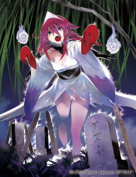 1girl blue_eyes breasts cleavage copyright_notice dress ghost ghost_costume ghost_pose gloves guzuko hair_between_eyes highres long_bangs looking_at_viewer medium_breasts medium_hair official_art open_mouth purple_eyes red_gloves red_hair sidelocks solo tokiti tombstone white_dress wixoss