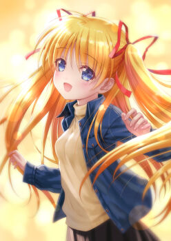 Rule 34 | 1girl, black skirt, blue eyes, blue jacket, commentary request, commission, denim, denim jacket, goto p, hair ribbon, highres, jacket, kanon, long hair, long sleeves, orange hair, ribbon, sawatari makoto, skeb commission, skirt, smile, solo, sweater, twintails, yellow sweater