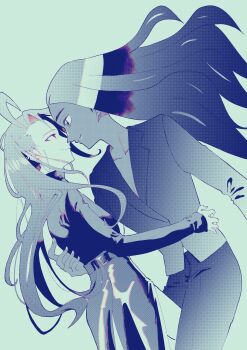 Rule 34 | 2girls, absurdres, alternate hairstyle, awapontasu, belt, breasts, cleavage, commentary request, dark-skinned female, dark skin, earrings, eye contact, geeta (pokemon), hair down, high-waist skirt, highres, interracial, jacket, jewelry, limited palette, long hair, looking at another, multiple girls, nintendo, pokemon, pokemon sv, rika (pokemon), skirt, small breasts, smile, yuri