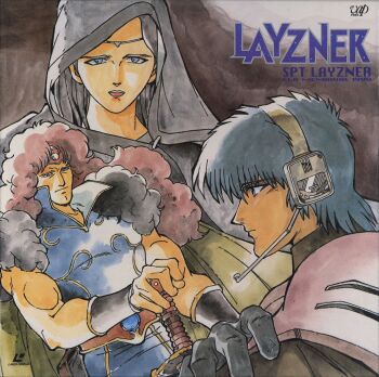 1girl 2boys aoki_ryuusei_spt_layzner asuka_eiji eiji_asuka highres julia_asuka le_cain multiple_boys scan sword weapon