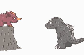 all_fours animated animated_gif baragon_(godzilla) chibi claws cliff dinosaur fangs giant giant_monster godzilla godzilla,_mothra_and_king_ghidorah:_giant_monsters_all-out_attack godzilla_(series) horns jumping kaiju monster nasal_horn no_humans no_pupils pikpik0109 red_eyes sharp_teeth single_horn spikes tail_whip teeth toho ugoira white_eyes