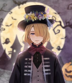 1boy blonde_hair blue_eyes bow bowtie closed_mouth freckles freminet_(genshin_impact) genshin_impact hair_over_one_eye halloween hat highres jack-o&#039;-lantern long_sleeves looking_at_viewer male_focus pers_thepenguin red_bow red_bowtie short_hair solo top_hat