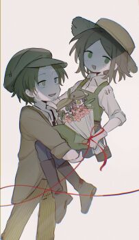 1boy 1girl apron beard_stubble black_necktie blue_eyes blue_pants boots bouquet brown_boots brown_hair brown_hat brown_jacket brown_pants carrying carrying_person character_doll chinese_commentary chromatic_aberration collared_shirt commentary_request doll emma_woods facial_hair film_grain flower freckles gloves green_apron hat heterochromia highres holding holding_bouquet identity_v jacket jin_fang_jintian_gu_le_ma knee_boots kreacher_pierson necktie no_nose open_clothes open_jacket open_mouth pants parted_bangs patchwork_clothes pink_flower red_ribbon ribbon shirt short_hair sleeves_rolled_up smile striped_clothes striped_pants stubble vertical-striped_clothes vertical-striped_pants white_background white_gloves white_shirt yellow_eyes