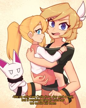 2girls absurdres ankle_boots artist_self-insert black_scarf black_shirt blank_eyes blonde_hair blue_eyes boots brooklyn_nine-nine carrying child child_carry closed_mouth commentary cowboy_shot crossed_arms cutie_(yohocutie) english_commentary english_text extra_arms fangs frown hair_tie hand_puppet highres i've_only_had_arlo_for_a_day_and_a_half_(meme) jitome long_sleeves looking_at_viewer meme multiple_girls nelly_(xyronii) open_mouth orange_skirt original parted_lips pink_boots pink_skirt pointy_ears puppet scarf shirt skirt white_shirt xyronii yellow_background