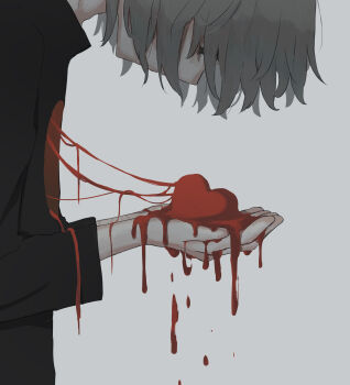 1boy absurdres avogado6 bags_under_eyes black_shirt blood blood_string commentary_request cupping_hands cut_marks from_side grey_background heart heart_out_of_chest highres looking_down male_focus original own_hands_together shirt simple_background solo