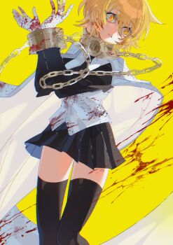1girl aki'z black_necktie black_skirt black_thighhighs blonde_hair blood cape chain collar commentary cowboy_shot cuffs cuffs-to-collar don_quixote_(project_moon) english_commentary gloves hair_between_eyes highres index_(identity)_(project_moon) limbus_company long_sleeves necktie pleated_skirt project_moon simple_background skirt solo thighhighs white_cape white_gloves yellow_background yellow_eyes