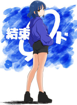 1girl absurdres bare_legs black_shoes black_shorts blue_hair blue_hoodie bocchi_the_rock! commentary from_behind full_body hair_ornament hairclip highres hood hood_down hoodie kessoku_band_logo looking_at_viewer parallel_hairclips parted_lips shoes short_hair short_shorts shorts sneakers solo standing turning_head white_background yamada_ryo yellow_eyes yuki._(kitaiku4)