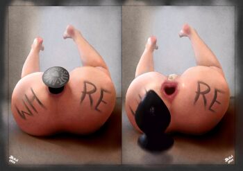 1girl absurdres anal anal_object_insertion anus ass ass_focus body_writing butt_plug dc0st feet feet_up gape gaped gaping gaping_anus heart-shaped_anus highres huge_ass butt_plug large_insertion legs_apart legs_up maebari nude object_insertion sex_toy