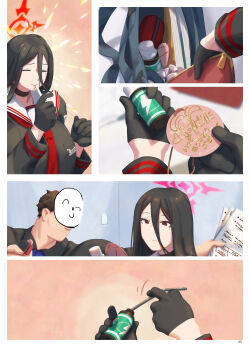 1boy 1girl absurdres black_gloves black_hair black_shirt blue_archive bottle breasts brown_hair closed_eyes doodle_sensei_(blue_archive) drinking_straw gloves hair_between_eyes halo hasumi_(blue_archive) highres holding holding_paper holding_straw large_breasts long_hair long_hair_between_eyes looking_down mole mole_under_eye necktie paper red_eyes red_halo red_necktie sailor_collar sensei_(blue_archive) shirt short_hair very_long_hair white_sailor_collar ye_fan