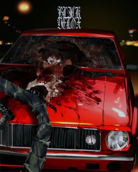 Rule 34 | 1boy, absurdres, artist name, black boots, black gloves, black shirt, blackvelox, blood, blood on clothes, blood on face, boots, car, death, death note, fur-trimmed vest, fur trim, gloves, goggles, hair between eyes, hashtag-only commentary, highres, male focus, matt (death note), motor vehicle, on car, outstretched arms, pants, shirt, short hair, solo, spoilers, torn clothes, torn pants, vest