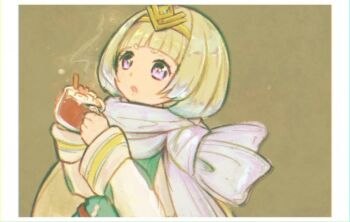 1girl ascot blonde_hair blunt_bangs bob_cut border circlet commentary fire_emblem fire_emblem_heroes grey_background hijikimon2mon hot_chocolate long_sleeves nintendo open_mouth purple_eyes short_hair simple_background solo symbol-only_commentary upper_body white_ascot white_border ylgr_(fire_emblem)