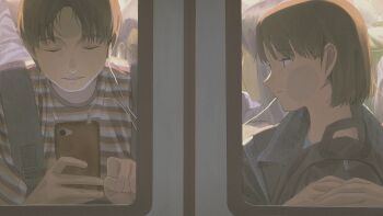 1boy 1girl bag brown_eyes brown_hair closed_mouth earphones fingernails highres holding holding_phone jacket jiankun_yu light_smile looking_at_another original parted_bangs parted_lips people phone profile shared_earphones short_hair train upper_body