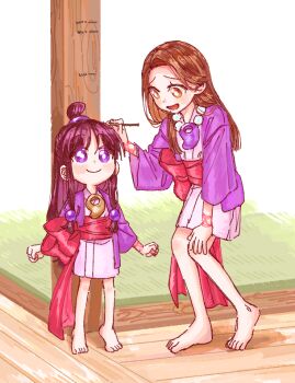 2girls :d ace_attorney aged_down barefoot bead_necklace beads black_hair bracelet brown_eyes brown_hair commentary hair_ornament hand_on_own_knee hanten_(clothes) height_chart height_mark jacket japanese_clothes jewelry kimono light_blush long_hair low-tied_sidelocks magatama magatama_necklace marker maya_fey mia_fey mole mole_under_mouth multiple_girls necklace obi open_mouth oyoyo_pe pillar pink_kimono purple_eyes purple_jacket red_sash ring_hair_ornament sash siblings sidelocks sisters smile sphere_hair_ornament tatami wide_sleeves