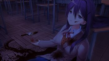 1girl arms_at_sides blazer blood blood_on_body blood_on_clothes blood_on_face blood_on_ground blood_on_hands blood_splatter blood_stain blood_trail bloody_knife blue_skirt breasts brown_jacket brown_sweater_vest button_gap buttons chair classroom collared_shirt corpse dark death decay desk doki_doki_literature_club doki_doki_literature_club_school_uniform dot_nose double-parted_bangs dress_shirt dried_blood empty_eyes eyebrows_hidden_by_hair fallen_down fingernails game_cg grey_jacket hair_between_eyes hair_intakes hair_ornament hairclip half-closed_eyes highres horror_(theme) impossible_clothes indoors injury jacket knife large_breasts leaning_back leaning_on_object light_smile long_eyelashes long_hair long_sidelocks long_sleeves neck_ribbon night non-web_source official_art on_floor open_hands pale_skin parted_lips pleated_skirt pool_of_blood purple_eyes purple_hair raised_inner_eyebrows red_ribbon ribbon satchely school school_desk school_uniform self-harm shirt sidelocks sitting skirt smile solo spoilers stab suicide sweater_vest teeth thick_eyelashes upper_body variant_set very_long_hair wing_collar wooden_chair wooden_desk wooden_floor yuri_(doki_doki_literature_club)