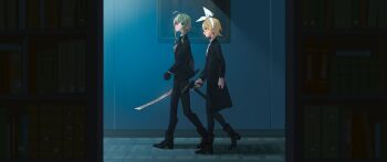 2girls ahoge armor black_gloves black_hair black_pants black_shoes blonde_hair blue_eyes bookshelf gloves green_eyes green_hair gumi gun hairband handgun high_heels highres holding holding_gun holding_weapon kagamine_rin katana long_sleeves medium_hair multiple_girls pants scabbard sheath shoes short_hair shoulder_armor sword vocaloid vocaloid_append weapon white_hairband wounds404