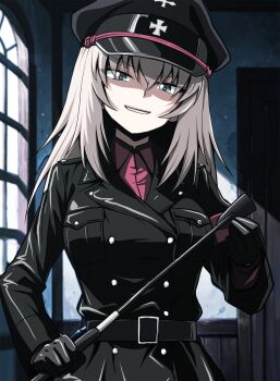 Rule 34 | 1girl, alternate costume, belt, black coat, black gloves, blue eyes, coat, evil smile, girls und panzer, gloves, grey hair, hat, highres, holding, indoors, itsumi erika, kamishima kanon, long hair, looking at viewer, military, military hat, military uniform, nazi, red shirt, shirt, smile, solo, standing, upper body, window