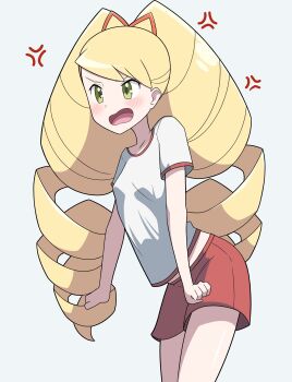 1girl absurdres alternate_costume araki_megami blonde_hair blush clenched_hands drill_hair green_eyes gym_shirt gym_shorts gym_uniform highres long_hair luna_platz_(mega_man) mega_man_(series) mega_man_star_force_(series) open_mouth red_shorts shirt short_sleeves shorts solo twin_drills very_long_hair white_shirt
